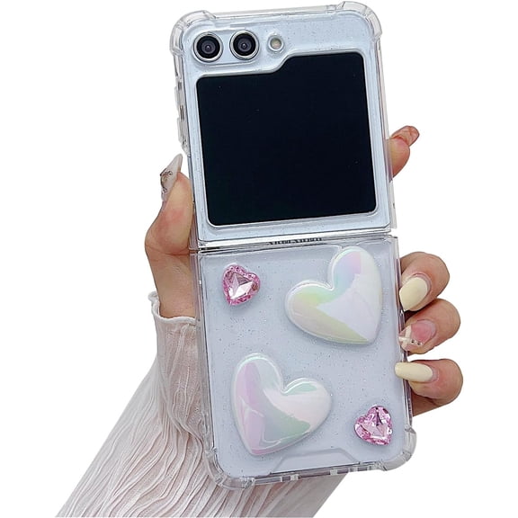 Compatible with Z Flip 5 Glitter Case Bling Clear Laser Heart Love Cute Diamond Soft Lightweight Shockproof Fashion Luxury Shockproof Cover for Women Girls