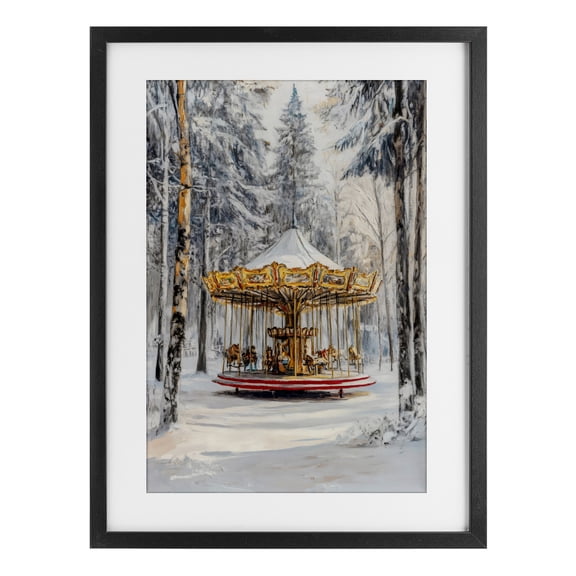 Winter Wonderland Carousel Black Framed Print Under Glass, design by Petal Prints Design