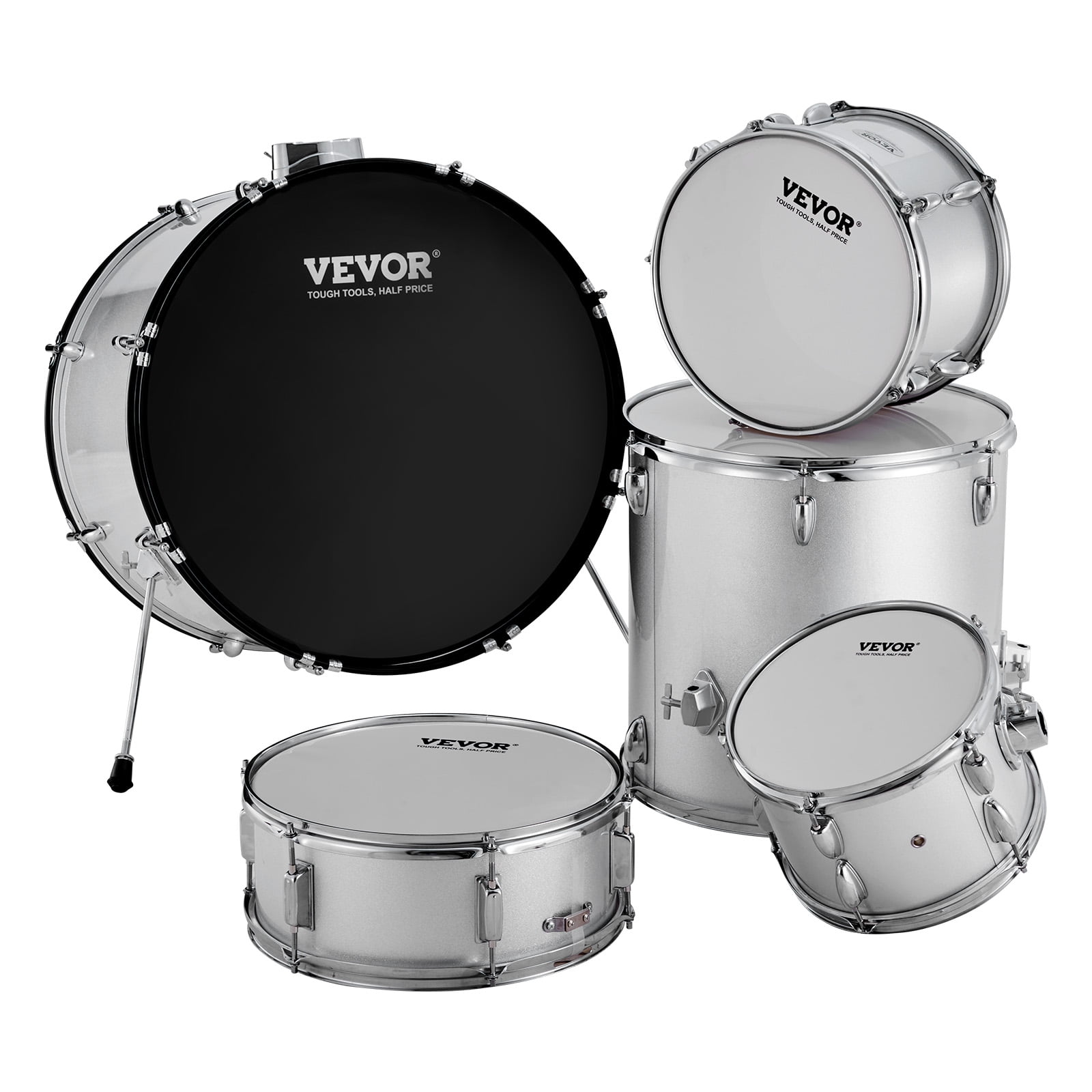 VEVOR Adult Drum Set, 5-Piece,22 inches Complete Full Size Drum Kit with Bass Toms Snare Floor Drum Adjustable Throne Stands Cymbal Hi-Hat Pedal and Drumsticks, Silver