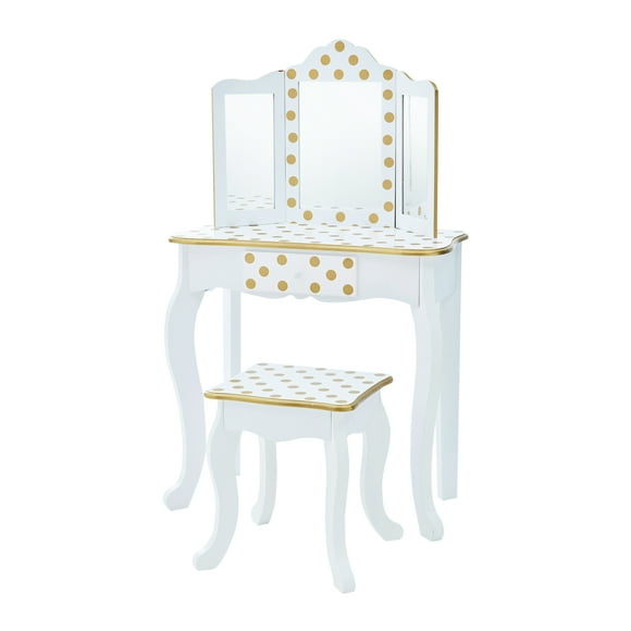 Teamson Kids Vanity Set Wooden Table With Mirror & Stool Gold