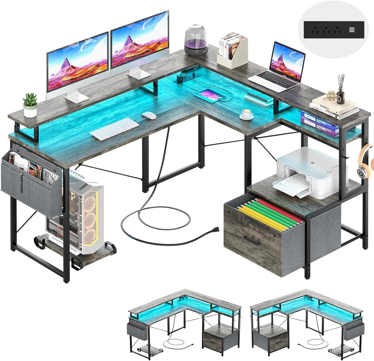 Homieasy L Shaped Desk with File Drawer, Reversible L Shaped Computer Desk with Power Outlet & LED Lights, Home Office Desk Corner Desk with Monitor Shelf and Printer Cabinet, Black Oak