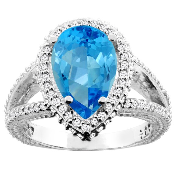 14K White Gold Natural Swiss Blue Topaz Halo Ring Pear 12x8mm Diamond Accents, size 5.5