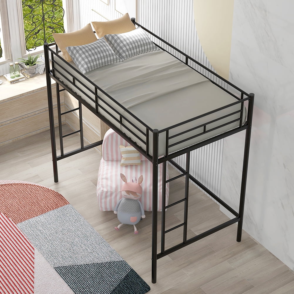 Kadyn Twin Loft Bed, Metal Bed with Rails & Ladders on Both Sides, Black