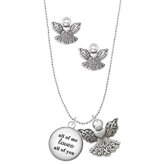Delight Jewelry Silvertone Domed All of Me Loves All of You Silver tone Guardian Angel Charm Necklace and Stud Earrings