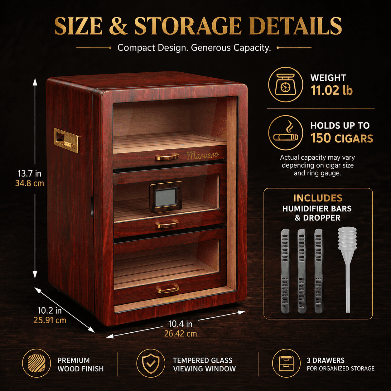 Marvero Cedar Wood Cigar Humidor Cabinet, Digital Hygrometer, 3 Movable Drawers, Double Glass Door, Gold-Plated Hardware, Humidifier, Holds Up to 100-200Cigars
