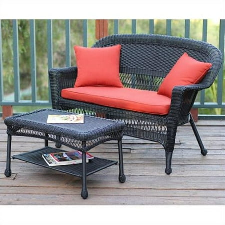 Jeco Wicker Patio Love Seat and Coffee Table Set in Black with Red Orange Cushion