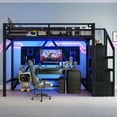 thumbnail image 2 of Aukfa Queen Metal Loft Bed with Stairs, Wardrobe, Shelves, USB Ports & LED Lights, Space-Saving Bed Frame for Adults & Kids, Black, 2 of 8