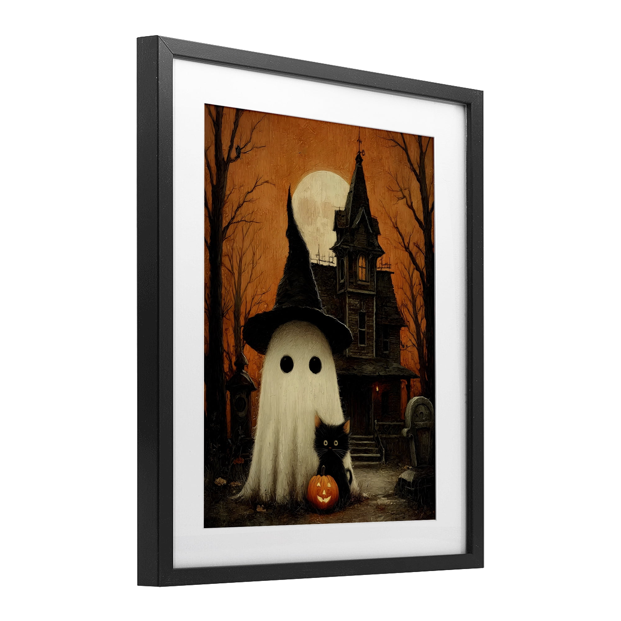 Cute Ghost & Haunted House Black Framed Print Under Glass, design by Arlington Prints