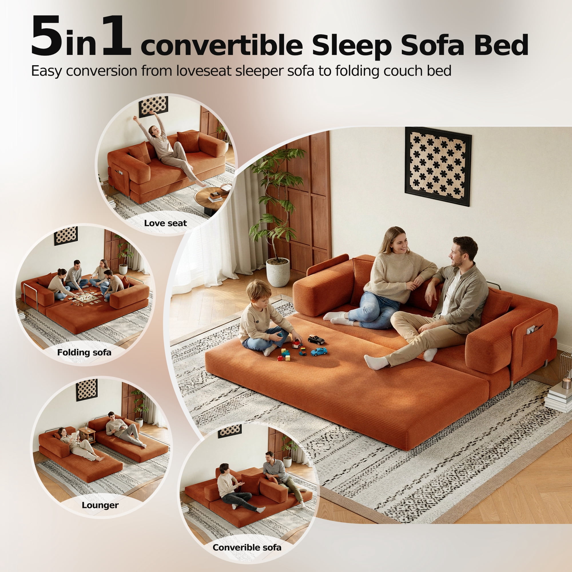 GARITIN Convertible Sleeper Sofa Bed 79 Inch, 5 in 1 Chenille Floor Sofa with High Density Foam and Side Pockets for Living Room, Orange