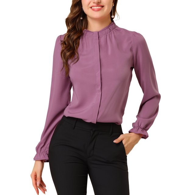 INSPIRE CHIC Women's Ruffled Trim Button Down Stand Collar Long Sleeve Blouse Top S Fuchsia