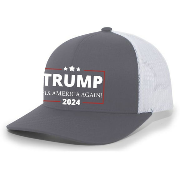 Trump Fix American Again 2024 Hat Mens Embroidered Mesh Back Trucker Hat Baseball Cap, Charcoal/White
