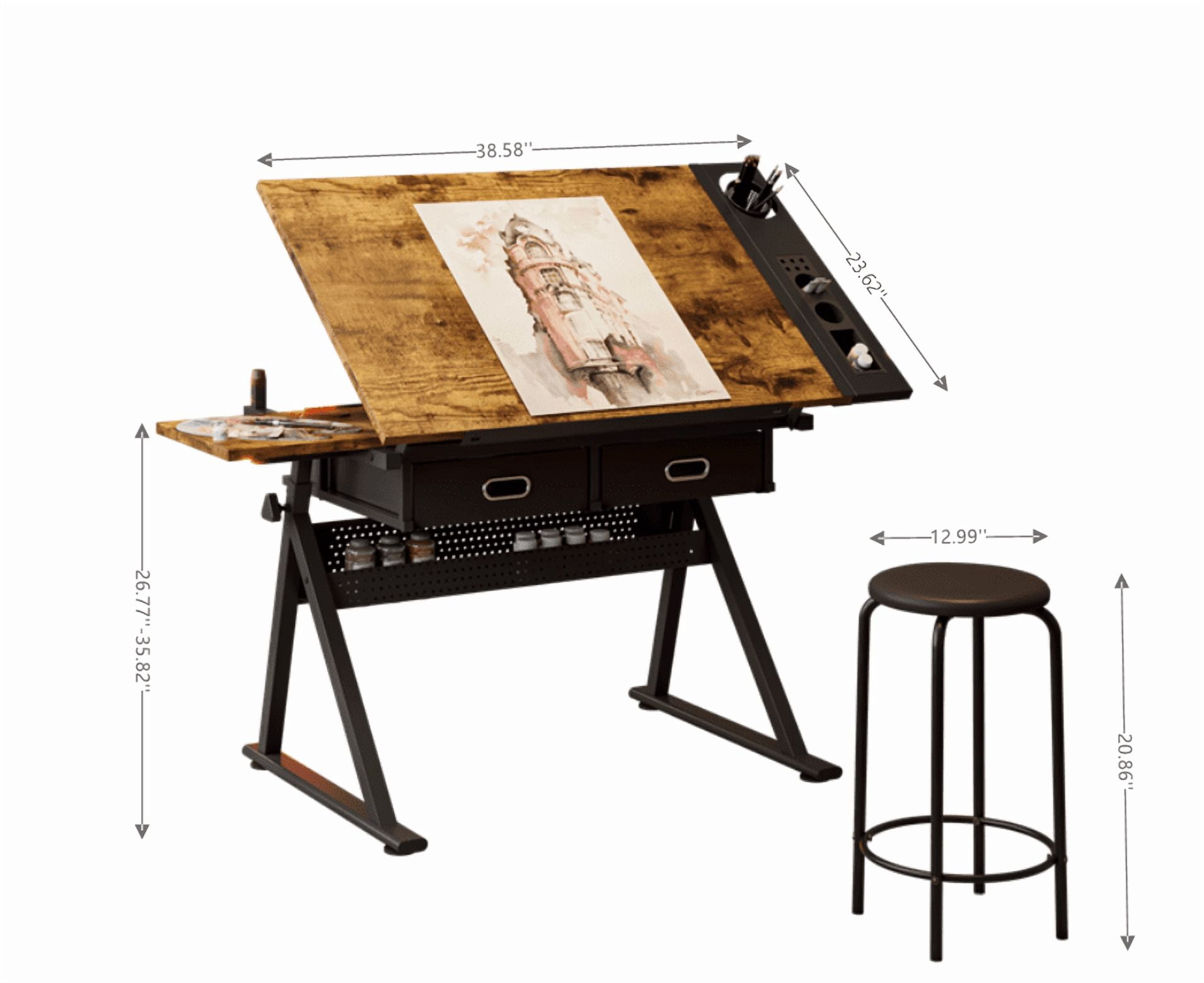 Adjustable Drawing Drafting Table Desk with Stool, Height & Angle Adjustable Art Table with 2 Drawers, Tiltable Desktop for Artist, Home Office, Brown