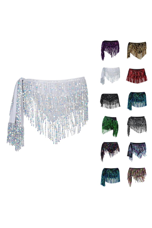Womens Belly Dance Skirt Sparkly Sequin Fringe Belly Dancing Skirt Latin Dance Hula Hip Scarf Sequin Tassel Skirts