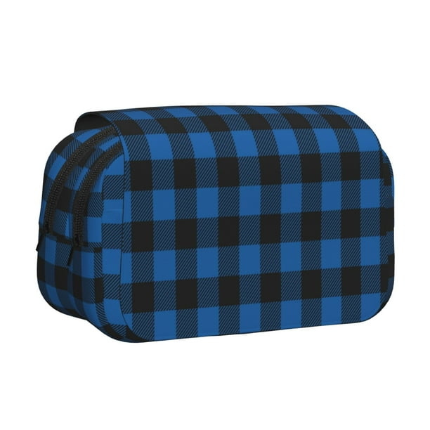 Disketp Blue Black Plaid Estuche de Lápices de Doble Capa con Tapa Abatible y Cremallera, Organizador Escolar para Adolescentes y Adultos