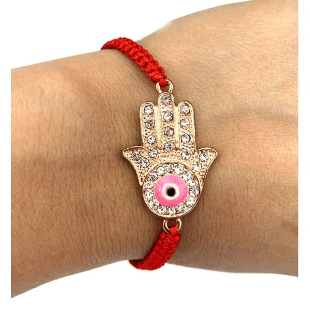 Rose Goldtone Hamsa Hand With Evil Eye Handmade Red String Bracelets - Good for Protection