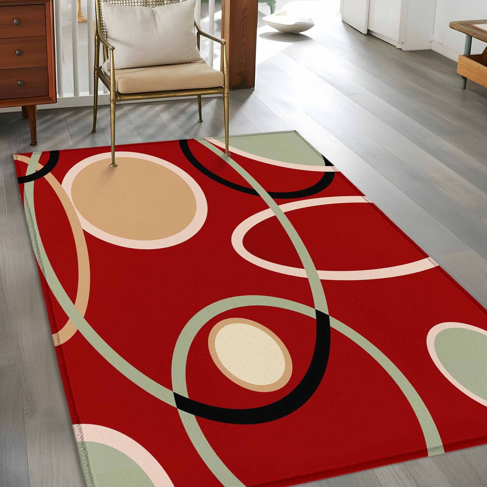 Rectangle Area Rugs 2.7 x 5 Ft, Geometric Red Non-Slip Residential Carpet, Boho Retro Abstract Circle Black Green Indoor Crawling Mats Runner Rugs for Living Room/Dining Room/Bedroom