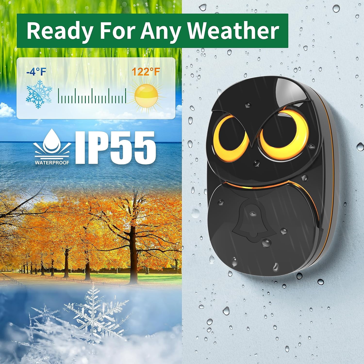 Wireless doorbell, cute owl doorbell, weatherproof IP55 outdoor remote control button