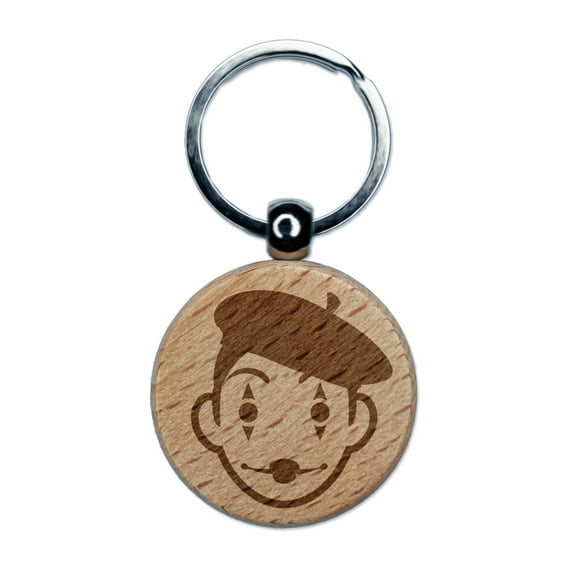 French Mime with Beret Round Keychain Charm Tag - Engraved Wood