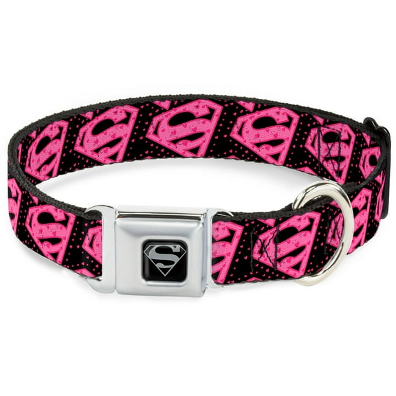 DC Comics Pet Collar, Dog Collar Metal Seatbelt Buckle, Diagonal Superman Logo Hearts Black Pink, 15 to 24 Inches 1.0 Inch Wide