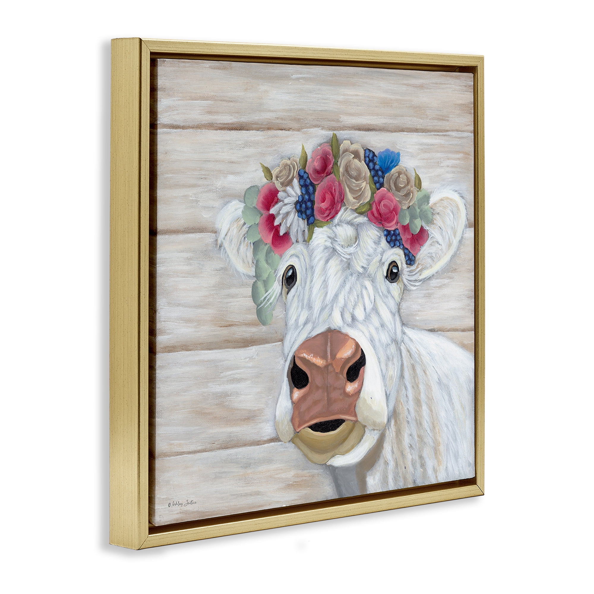Stupell Industries Rustic Cow Flower Crown Animals & Insects Painting Gold Floater Framed Canvas Art Print Wall Art, 25 x 25