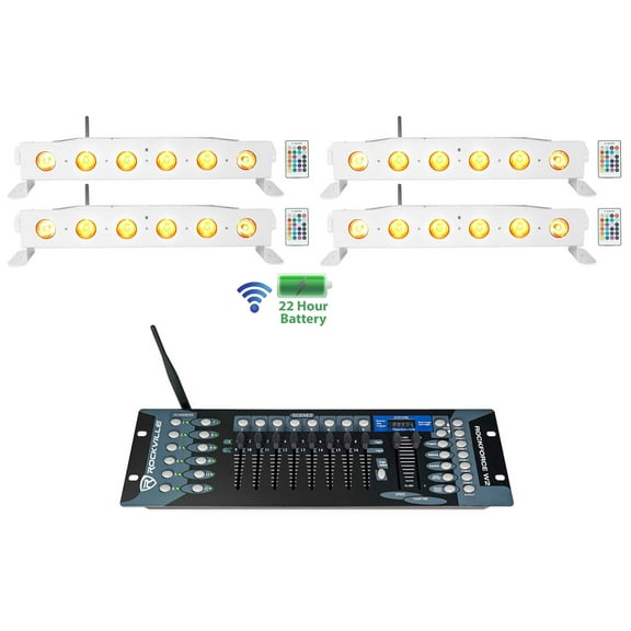 4) Rockville BEST STRIP 60 White Rechargeable Light Bars Wireless DMX Controller