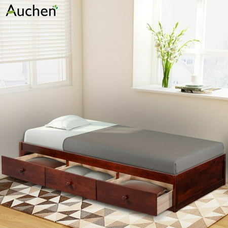 Oak Baby Furniture Sets Uk AUCHEN 3-Drawer Storage Bed, Twin Platform Storage Bed,Solid Wood Storage Beds for Home, Bedroom and Living Room,Large Capacity - Brown Cherry - 78
