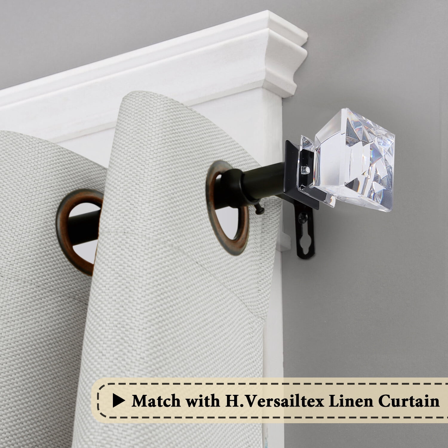 H.VERSAILTEX Contemporary Single Adjustable Window Curtain Rod, 3/4 Inch Diameter with Acrylic Diamond Finials, 48 - 84 Inches, Black