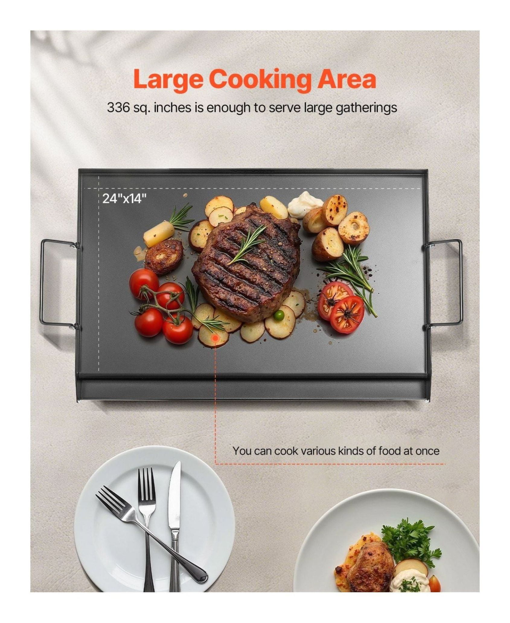 Carbon Steel Griddle 24x16 inch, BBQ Grill Pan, Flat Top Griddle for Gas Stove, Universal Cookware with Grease Trough, Removable Handles
