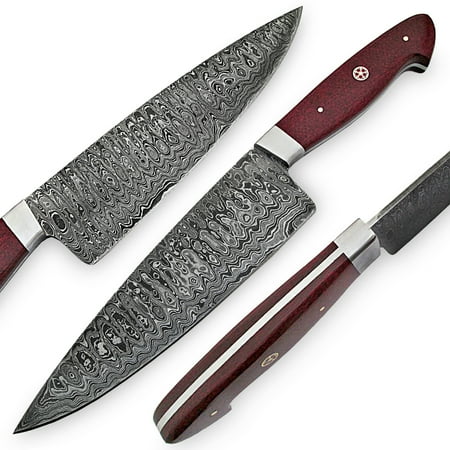 - White Deer Damascus Steel Santoku Japanese Chef Knife Red Micarta Handle