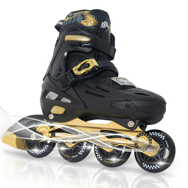 MammyGol Patins en Ligne pour Garçons et Filles Jeunesse, Patins à Roulettes Réglables 4 Tailles avec Roues en PU Clignotantes, Patins en Ligne Agressifs Haute Performance pour Enfants de 6 à 12 Ans, Or Bla
