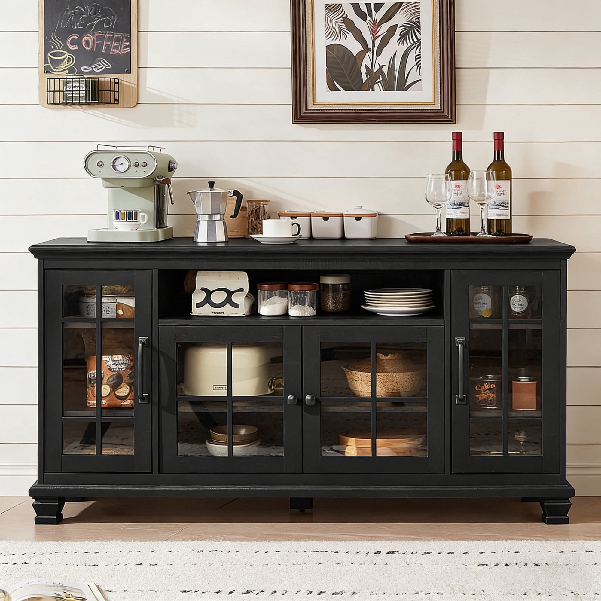 Buildhom 60" Farmhouse Sideboard with 4 Glass Doors, Wood Legs & Adjustable Shelves, Buffet Cabinet for Dining Room, Black