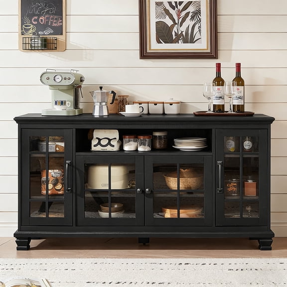 Buildhom 60" Farmhouse Sideboard with 4 Glass Doors & Wood Legs, Buffet Cabinet for Dining Room, Black