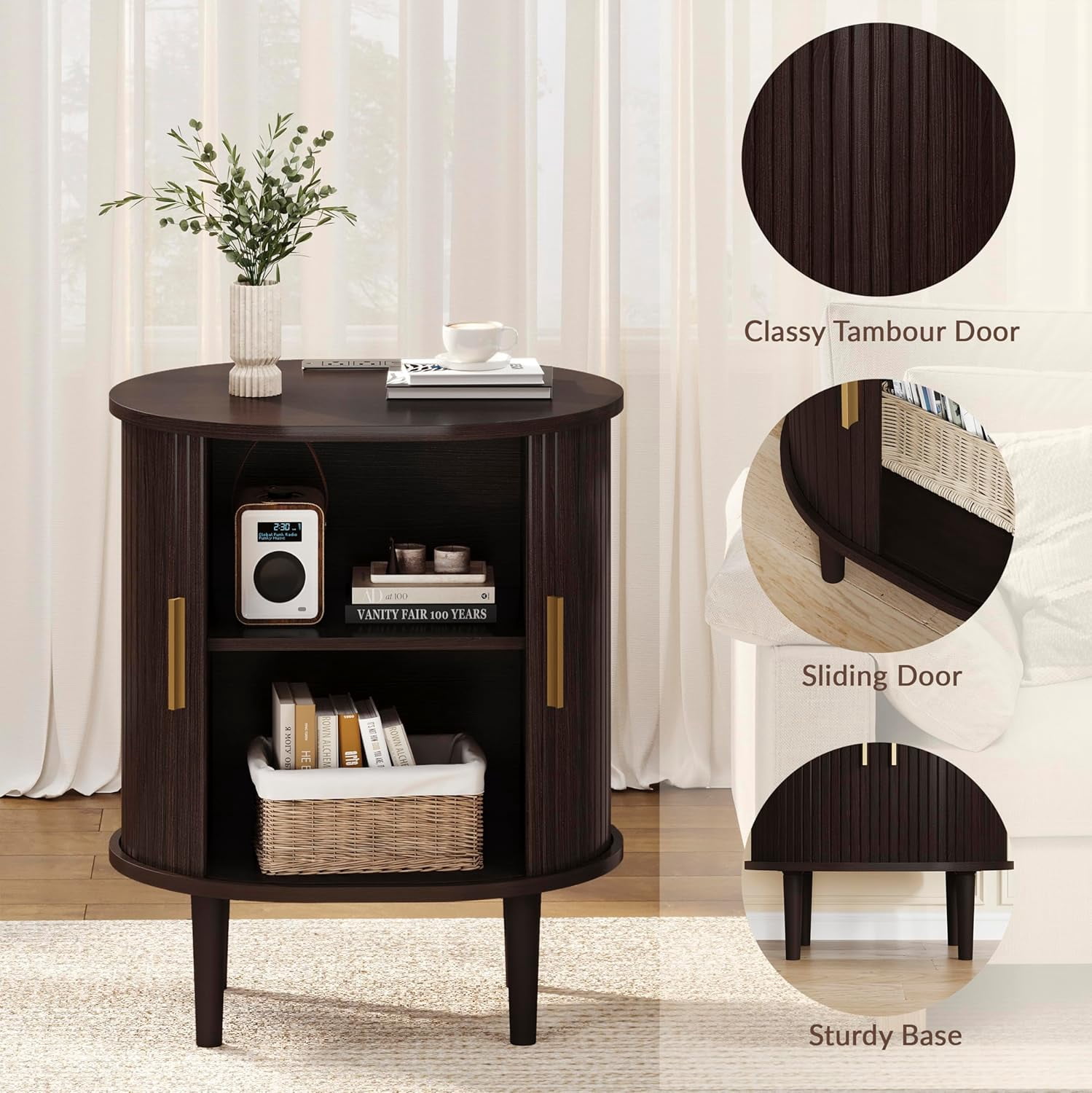 Nightstand with Charging Station, Fluted Accent Side Table with Sliding Door & Adjustable Shelf, End Table for Small Space, Living Room, Bedroom,Sofa Couch, Dark Walnut
