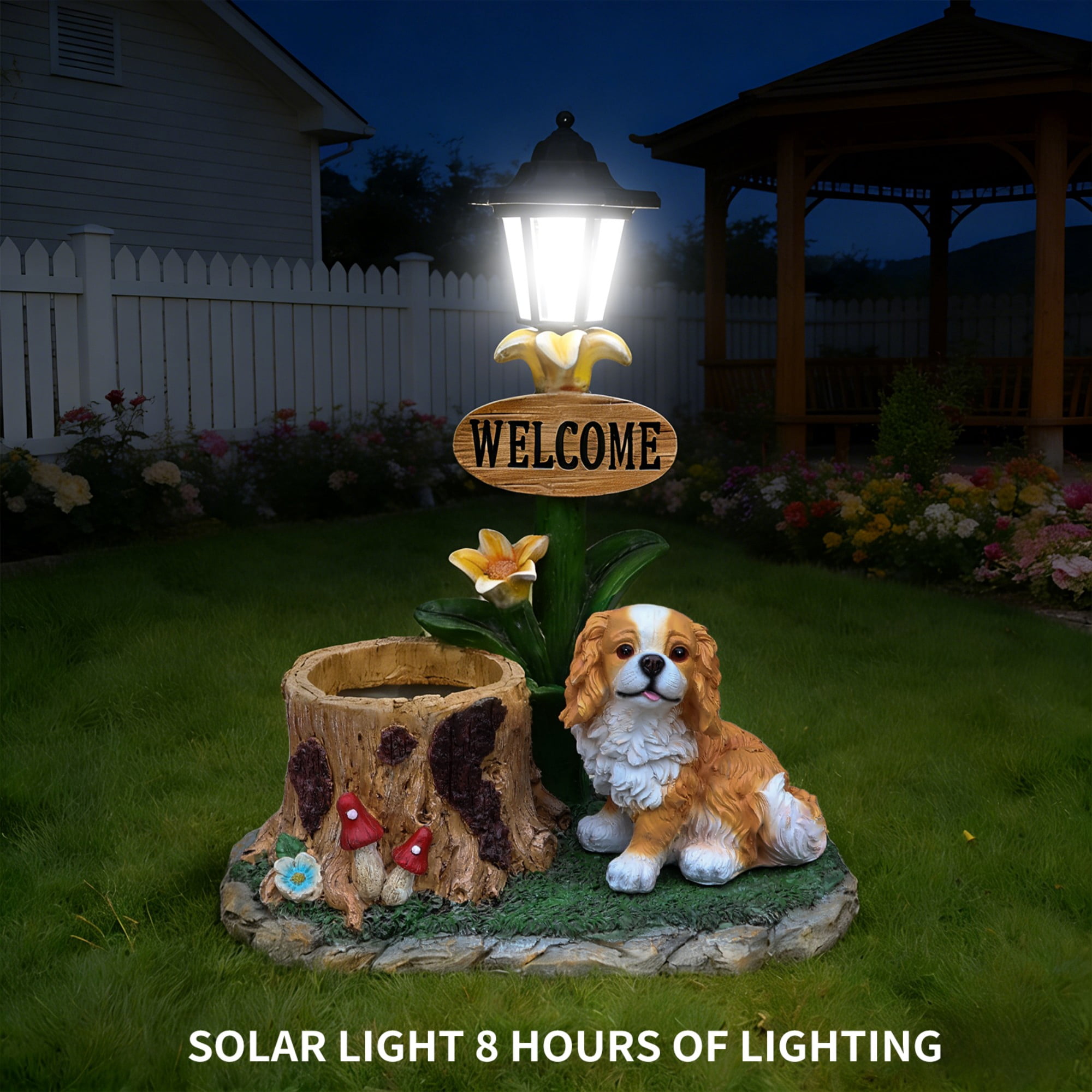 Sitting Dog Solar Lantern Planter Statue with LED Light, Brown Resin Flower Pot Decor, Garden Yard Patio Outdoor