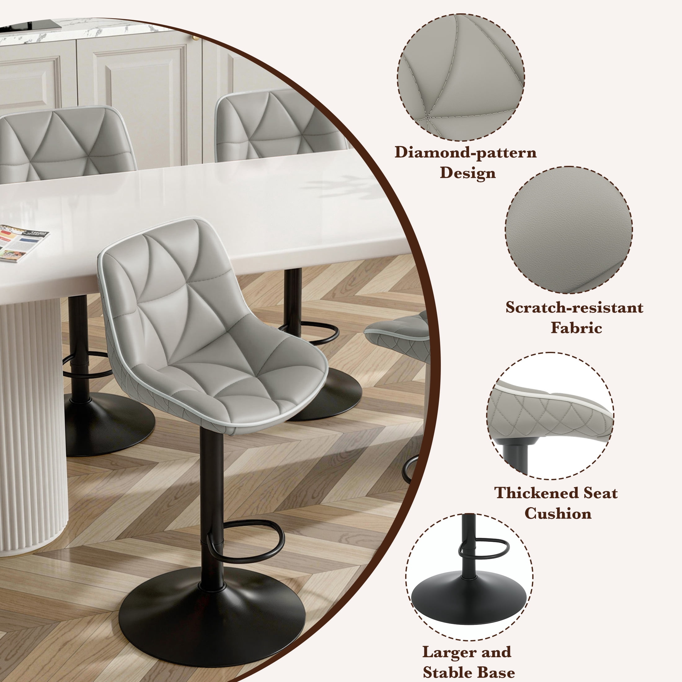 Hawsaiy Bar Stools Set of 2, Adjustable Swivel Counter Height Bar Stools with Back, Upholstered Modern Barstools with Diamond Stitching, Gray