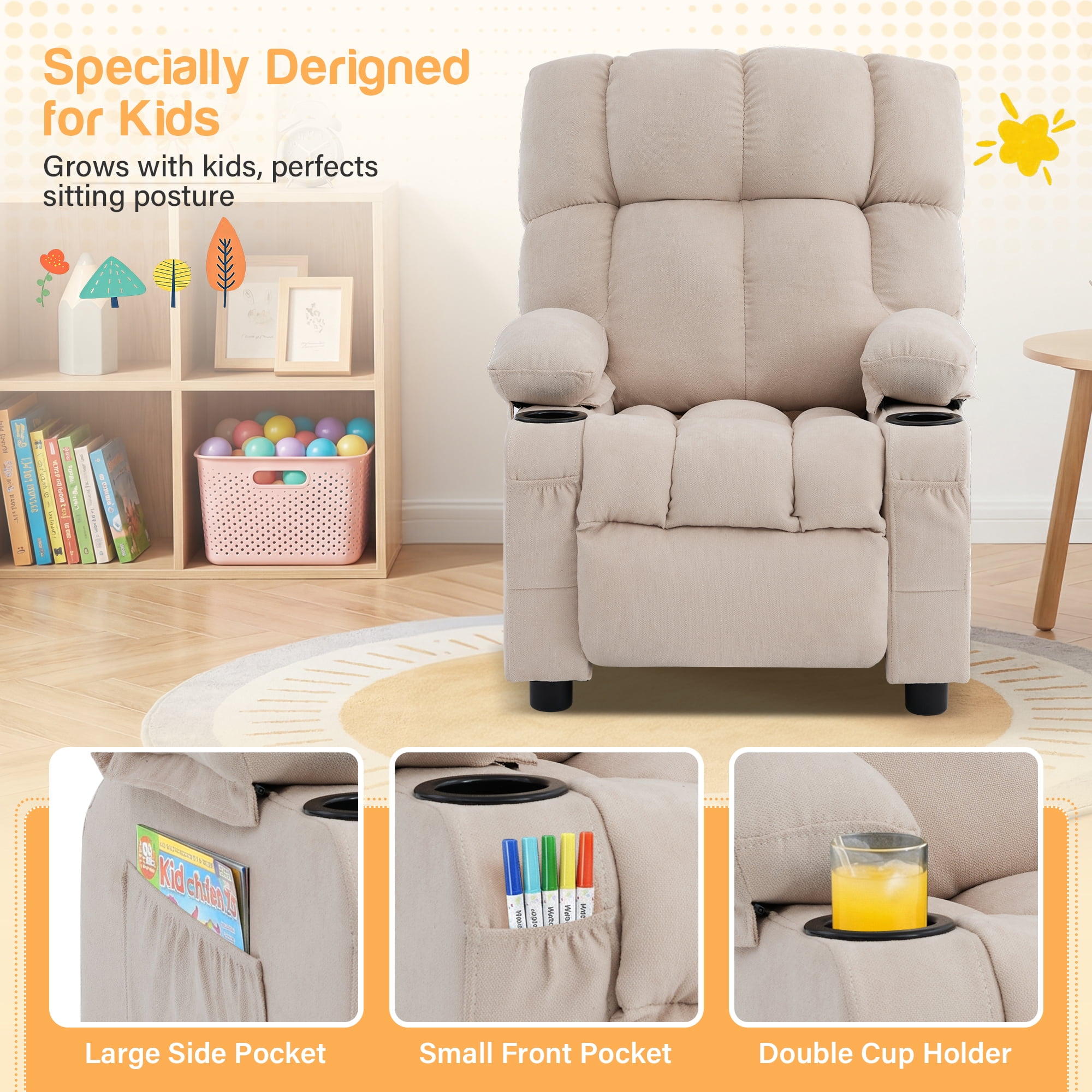 JONPONY Kids Recliner Chair,Push Back Toddler Recliner with Cup Holders & Side Pockets，Adjustable Footrest & Headrest Kids Sofa for Boys Girls 3+ Age Group，Children's Bedroom Furniture ，Beige