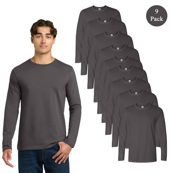 Gildan Men's Softstyle Long Sleeve T-Shirt, Comfortable Crew Neck Blank Tee, Charcoal, 9-Pack, S