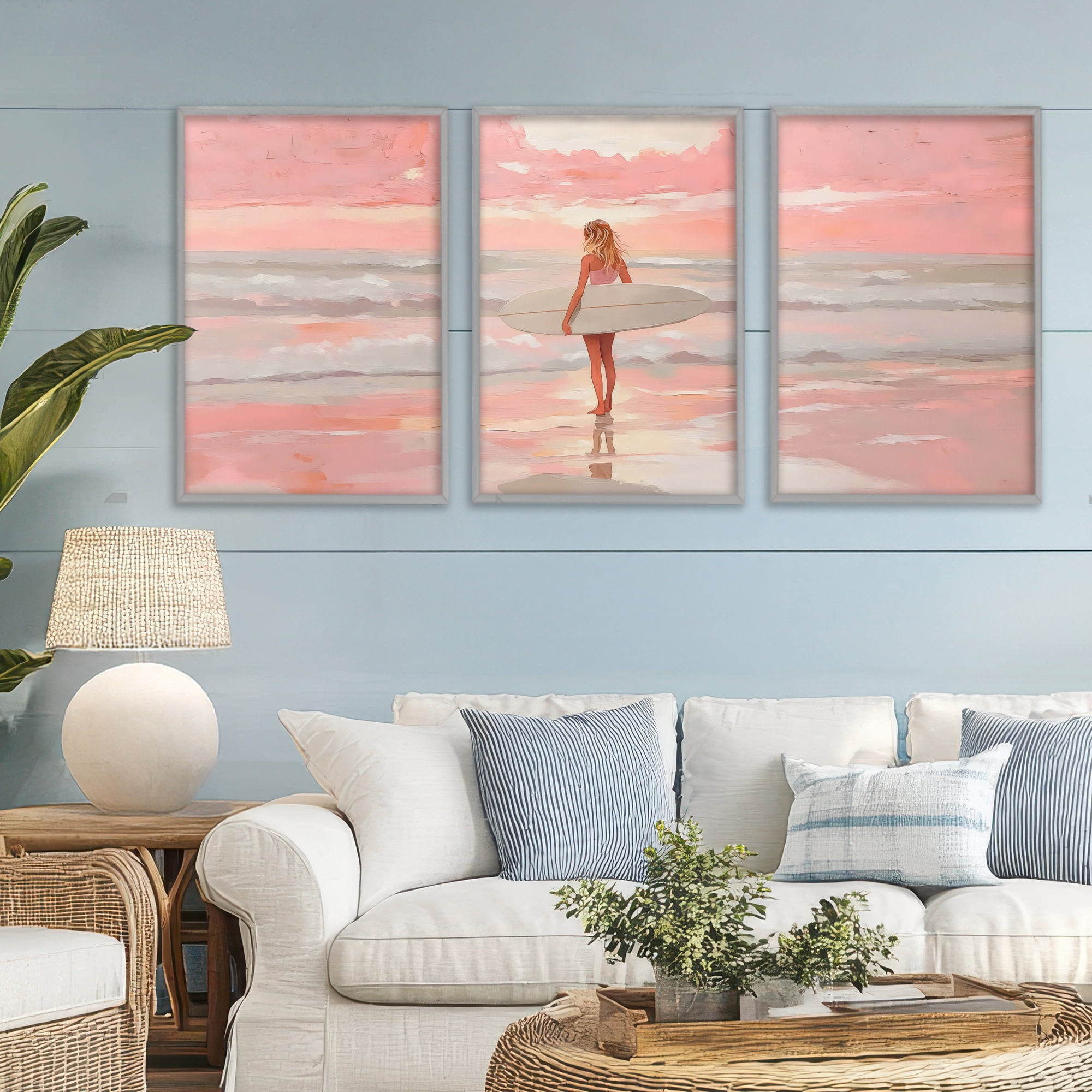 Stupell Industries Pink Sky Surfer Sunrise 3 Piece Gray Framed Giclee Art Set, design by LSR Design Studio
