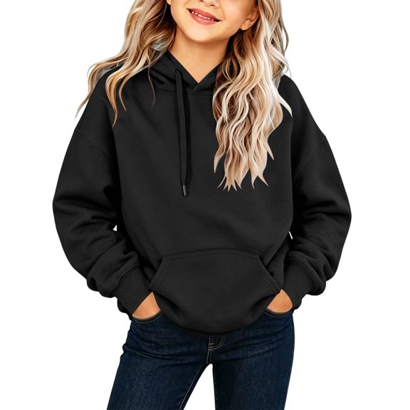 Girls' Pullover Hoodie Solid Color Lightweight Drawstring Neck Front Kangaroo Pocket Soft Fabric for School Wear Outdoor Outings 2-13 Years Black 11-12Years
