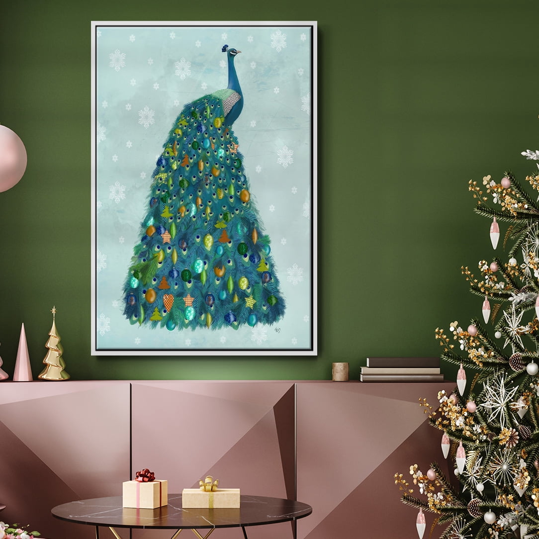 Christmas Peacock Christmas Tree - Framed Gallery Wrapped Holiday Canvas - 17 x 25 - White Frame