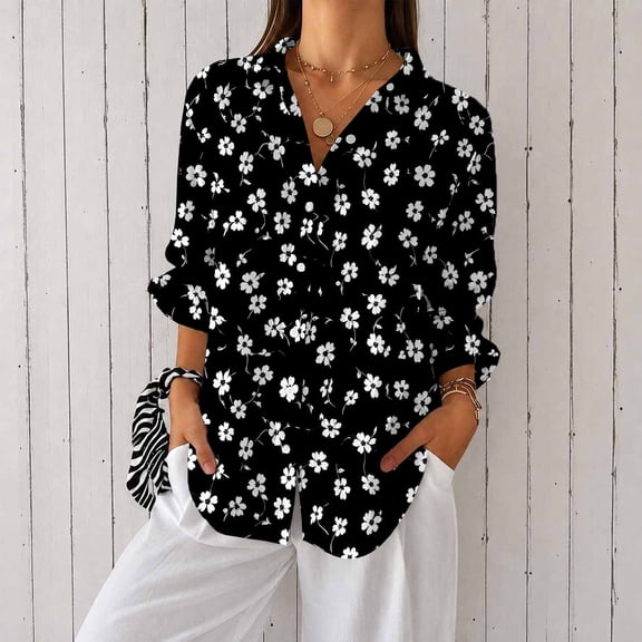 Women’s Casual Printed Button Down Long Sleeve Blouse Shirt