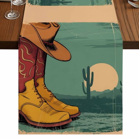 Table Runners 108 Inches Long Dress Scarves Western Cowboys Farmhouse Coffee/Dining/Kitchen Table Runner for Living Room Country Cartoon Shoes Hats Cactus Moon 13x108 Inch