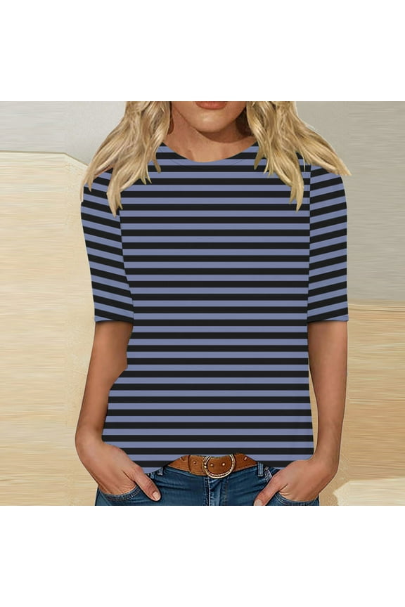 Tshirts for Women Striped Blue Casual T-Shirt Crew Neck Elbow-Length Womens Tees,M