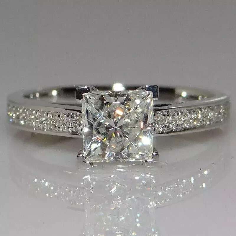 Jewelerix Princess Cut Solitaire Engagement Ring White Gold Pave Band Ring Square Moissanite Proposal Ring Modern Elegant Bridal Jewelry