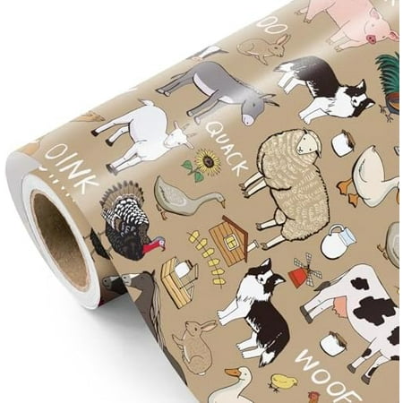 Farm Animals Wrapping Paper Roll - Mini Roll - 17 Inch x 16.5 Feet - Farm Animal Design for Farm Party, Barnyard Birthday, Baby Shower