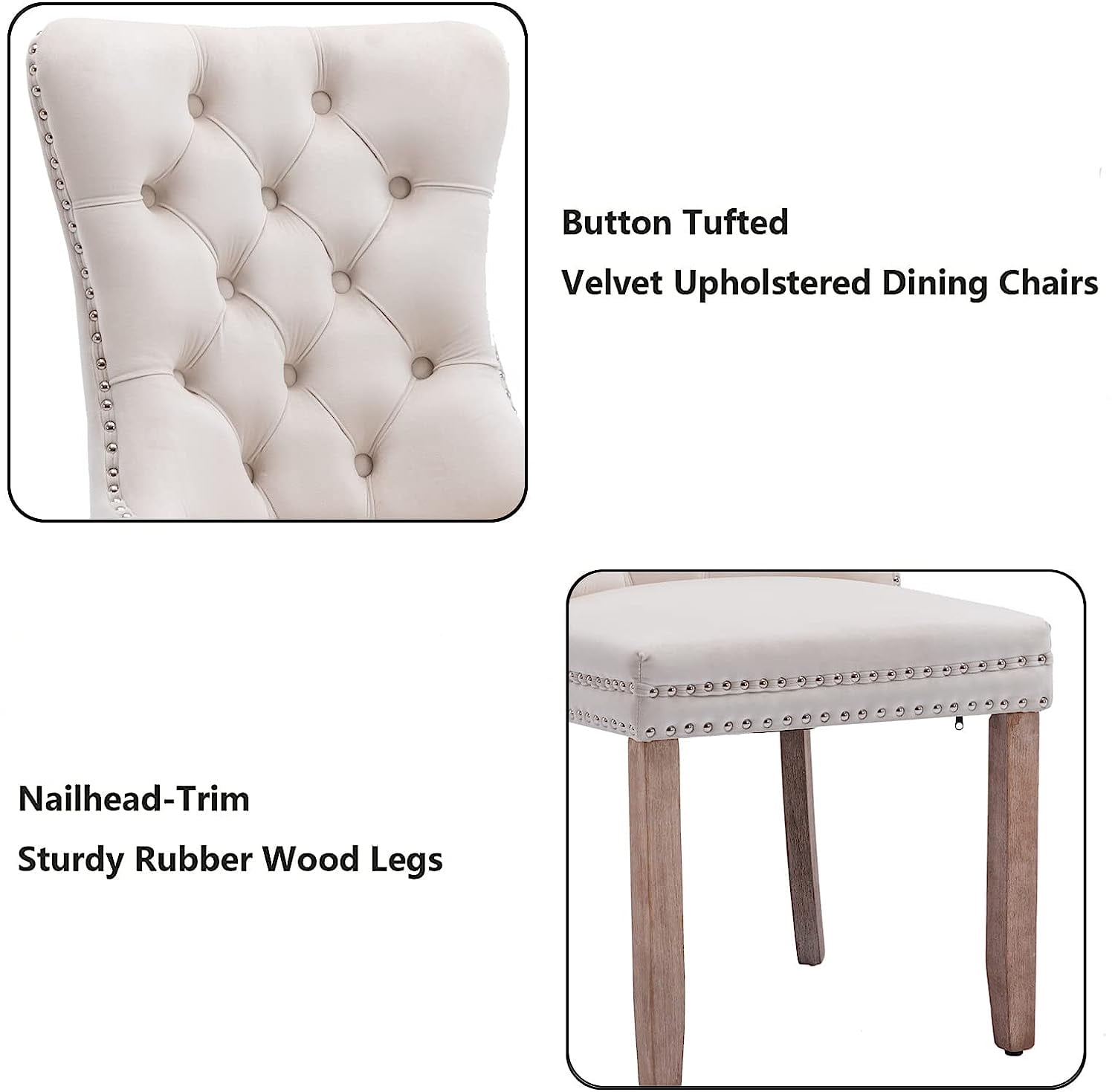 Miniyam Velvet Dining Chairs Set of 2, Tufted High Back Kitchen Chairs with Nailhead Trim, Beige