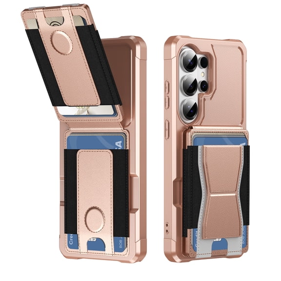 Case for Samsung Galaxy S26 Ultra Flip Back Card Slots with Elastic Side, Kickstand Hybrid Shockproof Protective Ultra Slim Anti-Scratch Drop Protection Phone Case for Galaxy S26 Ultra, Rosegold