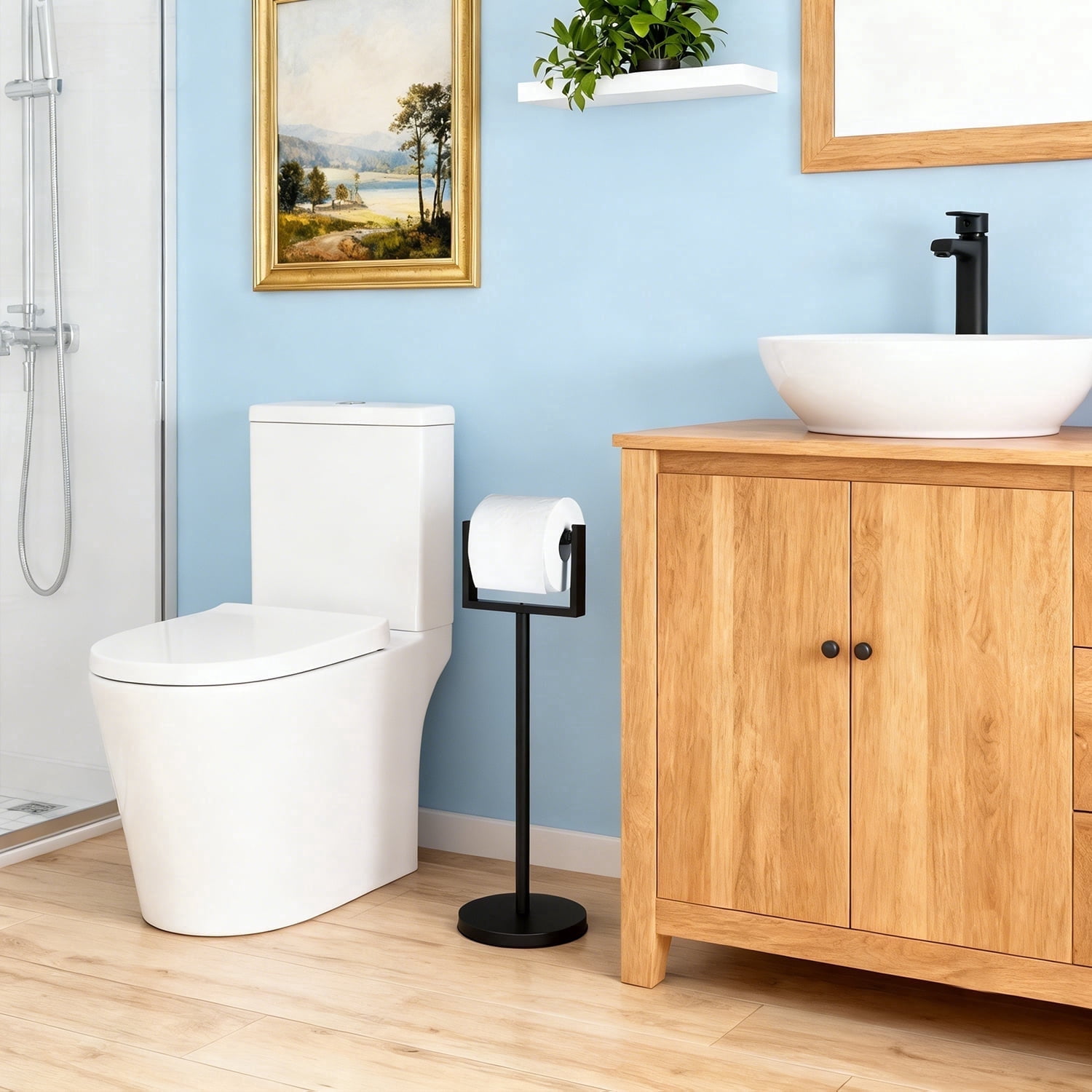 Yucurem Freestanding Toilet Paper Holder Stand, Weighted Base Floor Tissue Roll Shelf for Bathroom, Matte Black