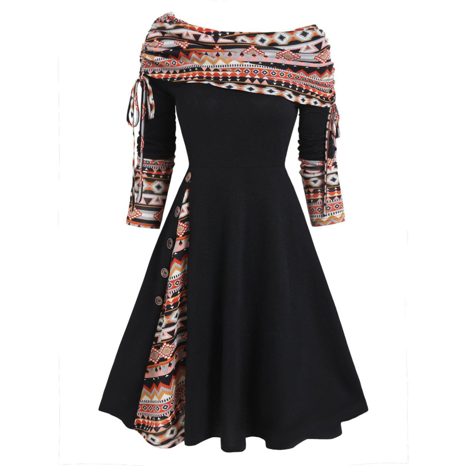 Zanvin Boat Neck Off The Shoulder Neckline Drapes Adjustable Cinched Ties A Line Dress Black