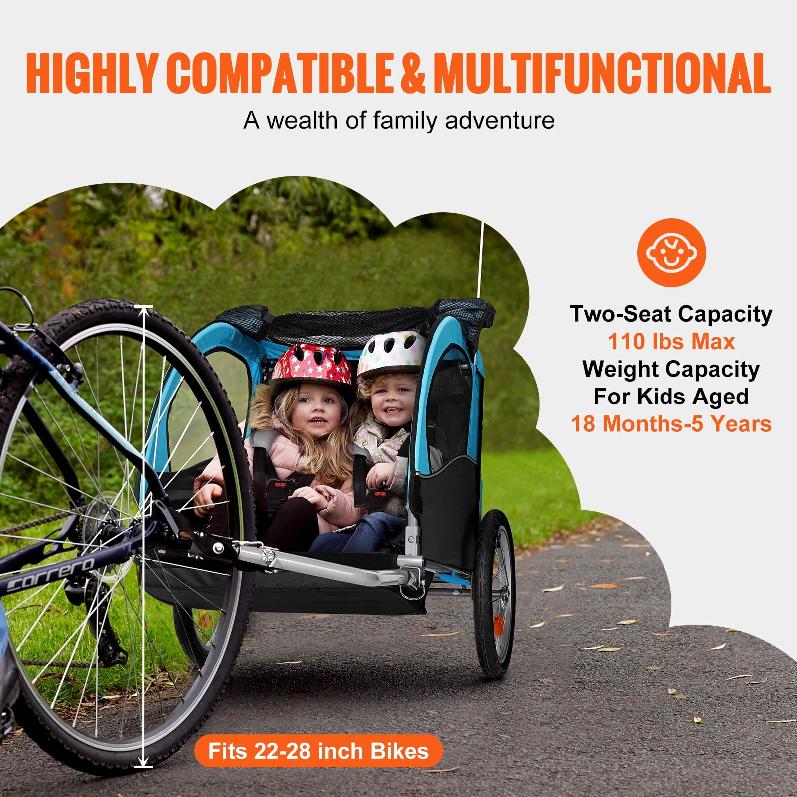 VEVOR Bike Trailer for Toddlers Kids Double Seat 110 lbs Load Tow Behind Foldable Child Bicycle Trailer with Universal Bicycle Coupler Walmart